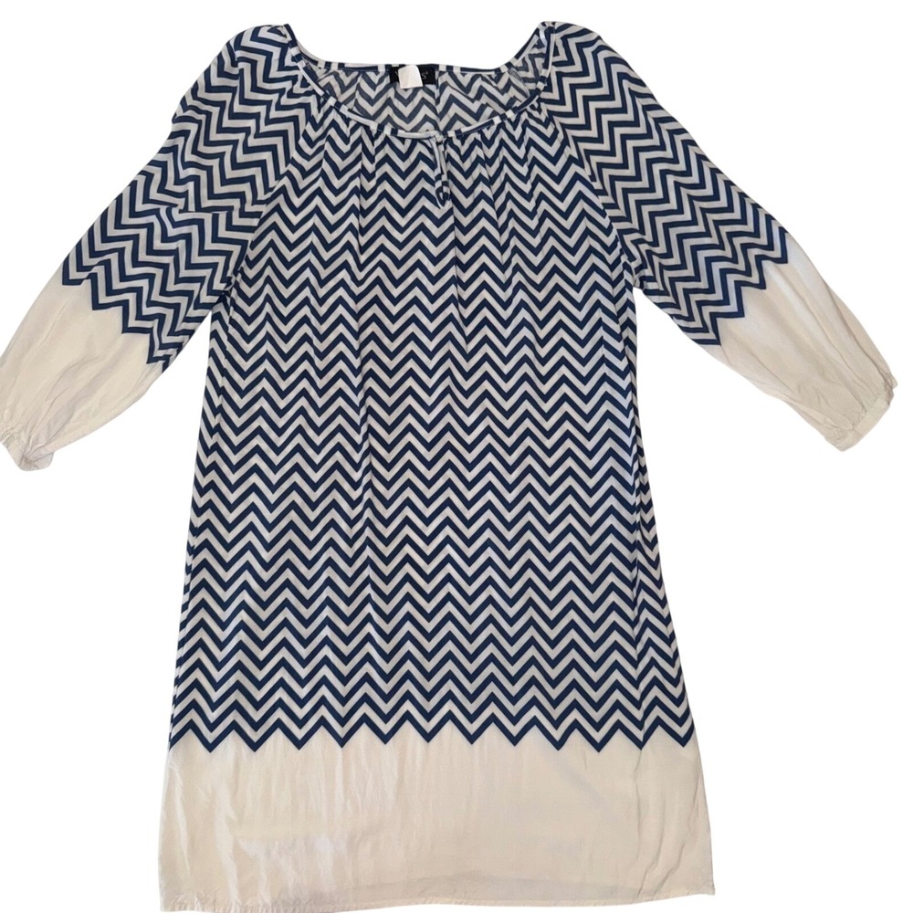 Venus Navy Blue White Chevron Zig Zag Shift Dress Long Sleeve Sz 10 - Picture 4 of 9